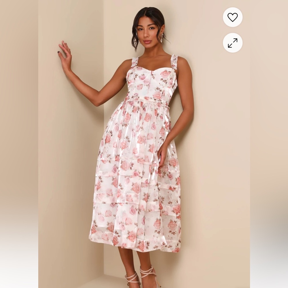 Sincerely Enchanting Ivory Floral Print Organza Midi Dress